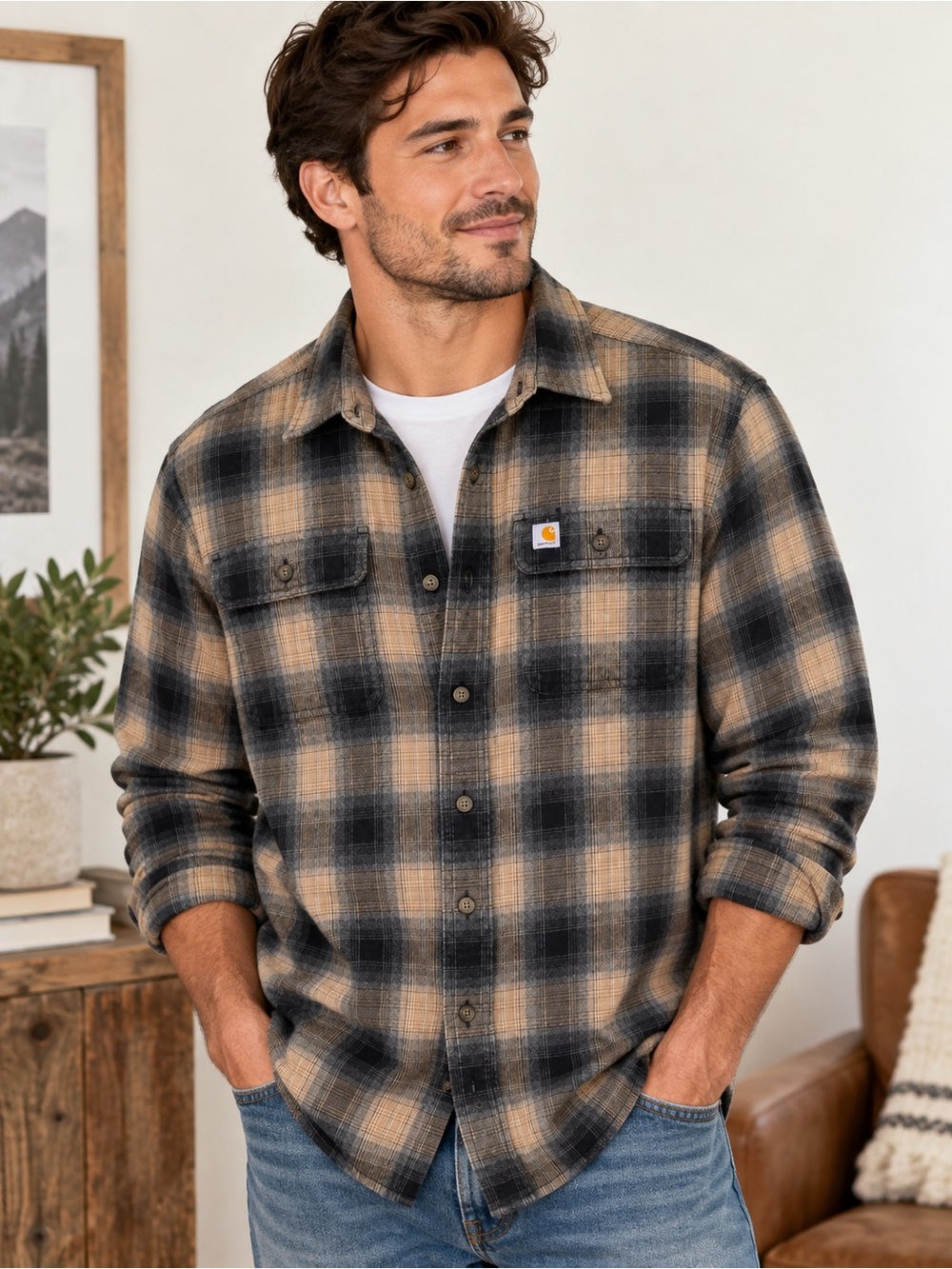 Carhartt Original Fit Plaid Flannel Shirt Men’s XL Tall Brown Black Cotton